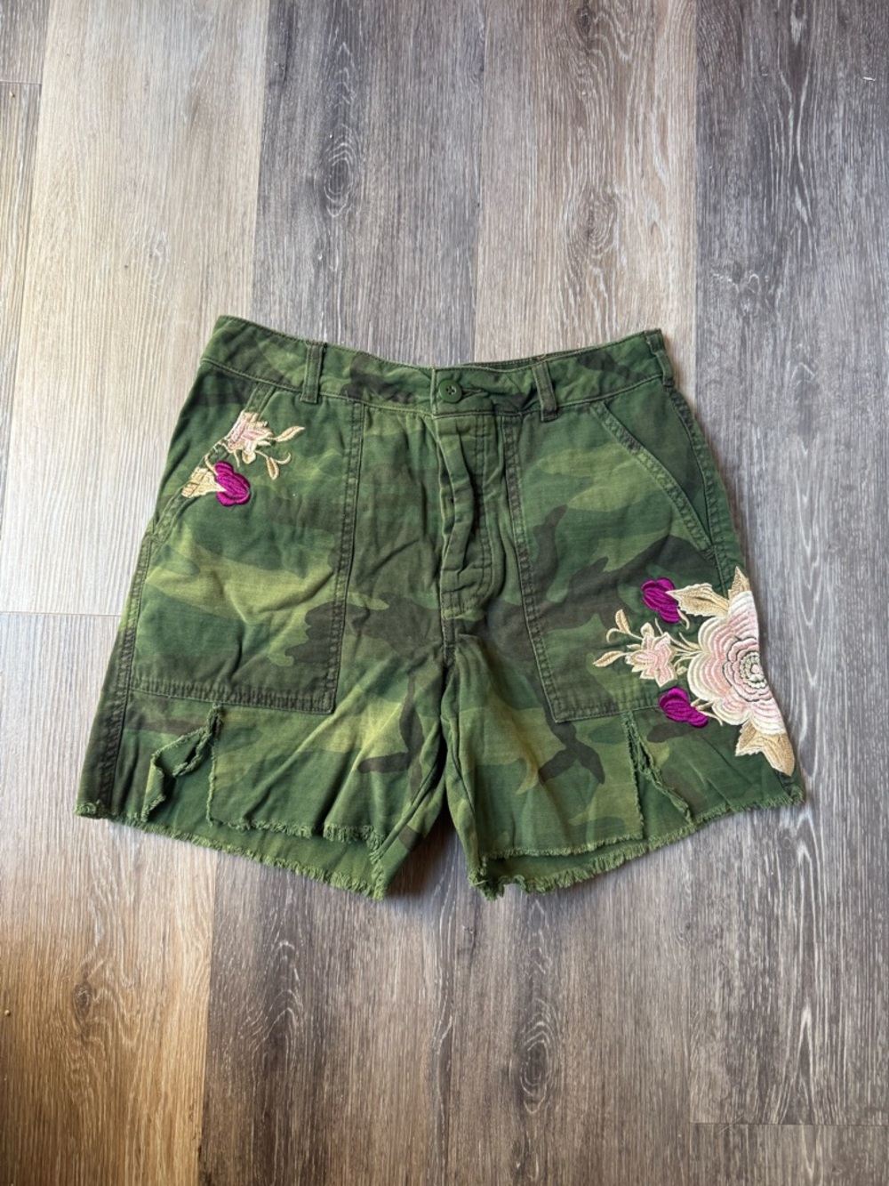 Free People Green Camo Embroidered Floral Shorts